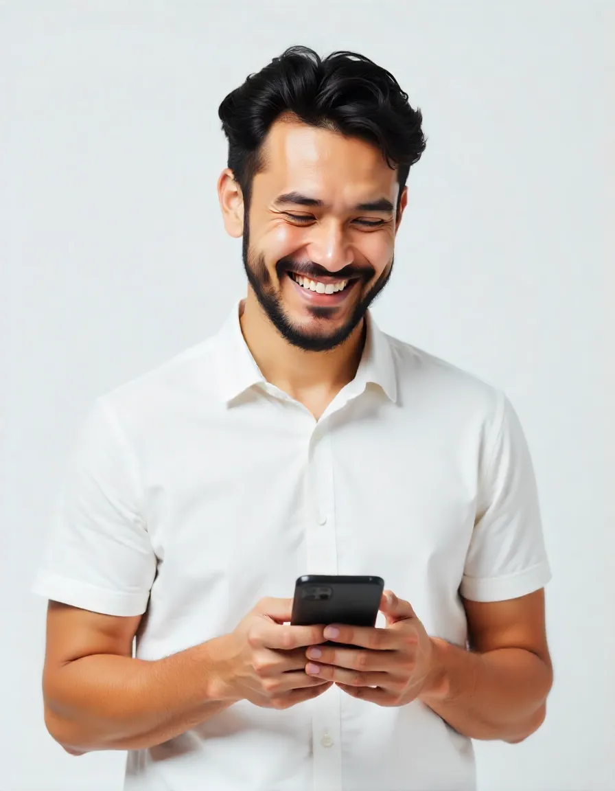 A client smiling while checking work on his phone