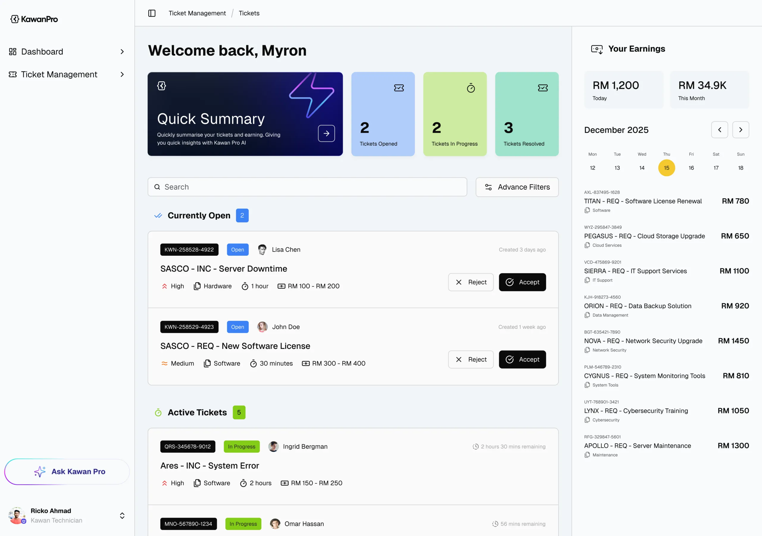 Kawan Pro IT service management dashboard